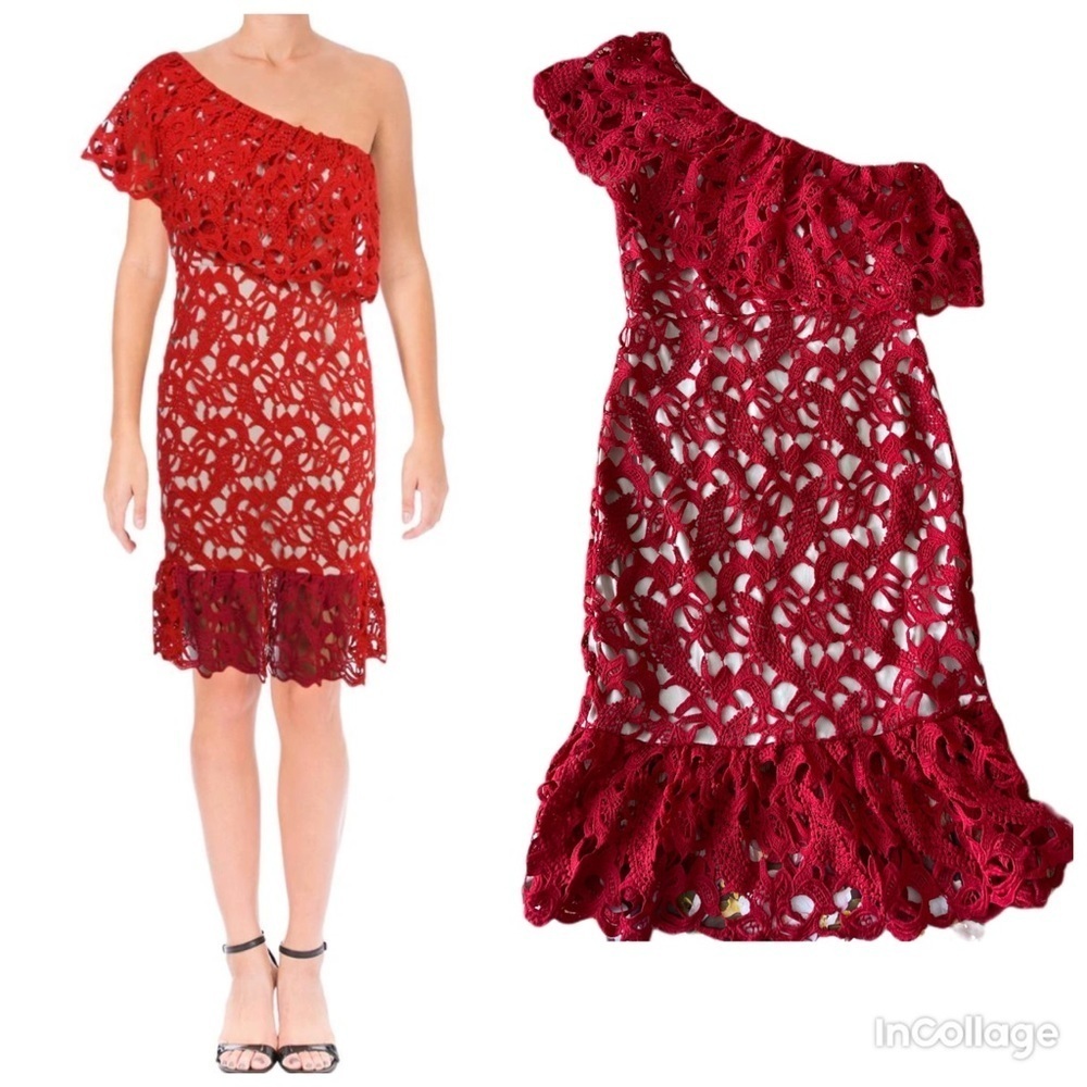 ✅ NWT AQUA Red Nude Lining LACE ONE SHOULDER POPOVER RUFFLED COCKTAIL DRESS S